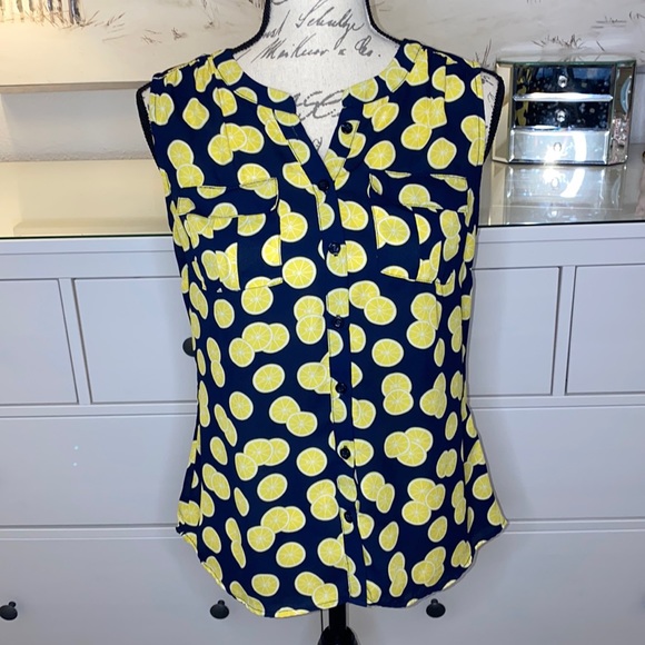 Soho Tops - Soho New York and Company Blue and Lemon Print Sleeveless Tank Tee Blouse Size S